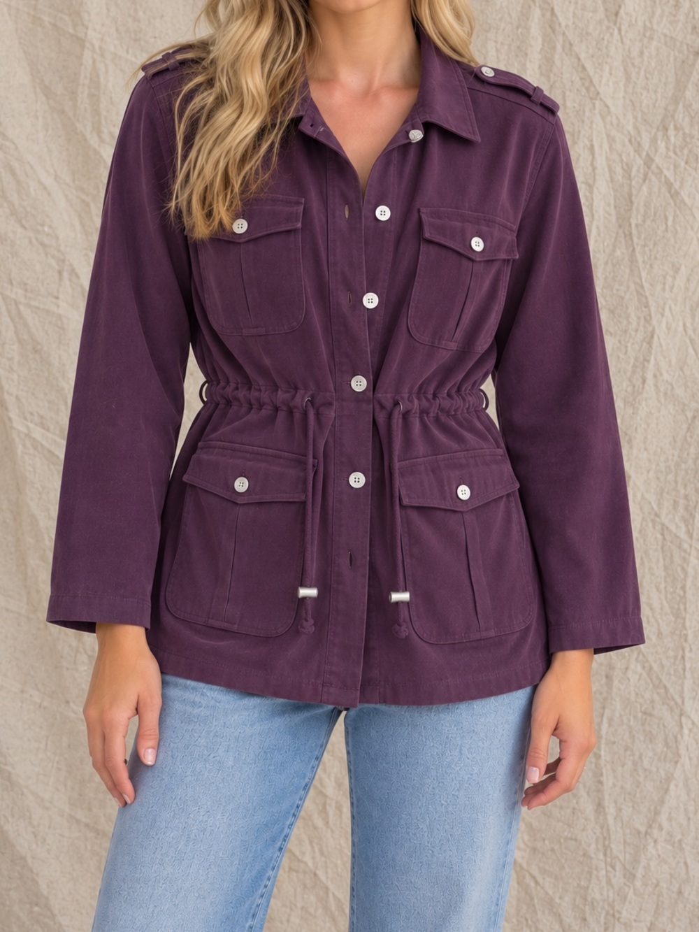Vintage Denim & Co Purple Utility Safari Jacket Drawstring Waist XL